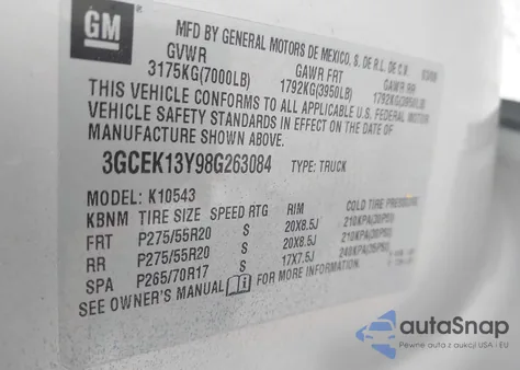 2008 Chevrolet Silverado 1500 Ltz z USA, uszkodzony, nr VIN 3GCEK13Y98G263084